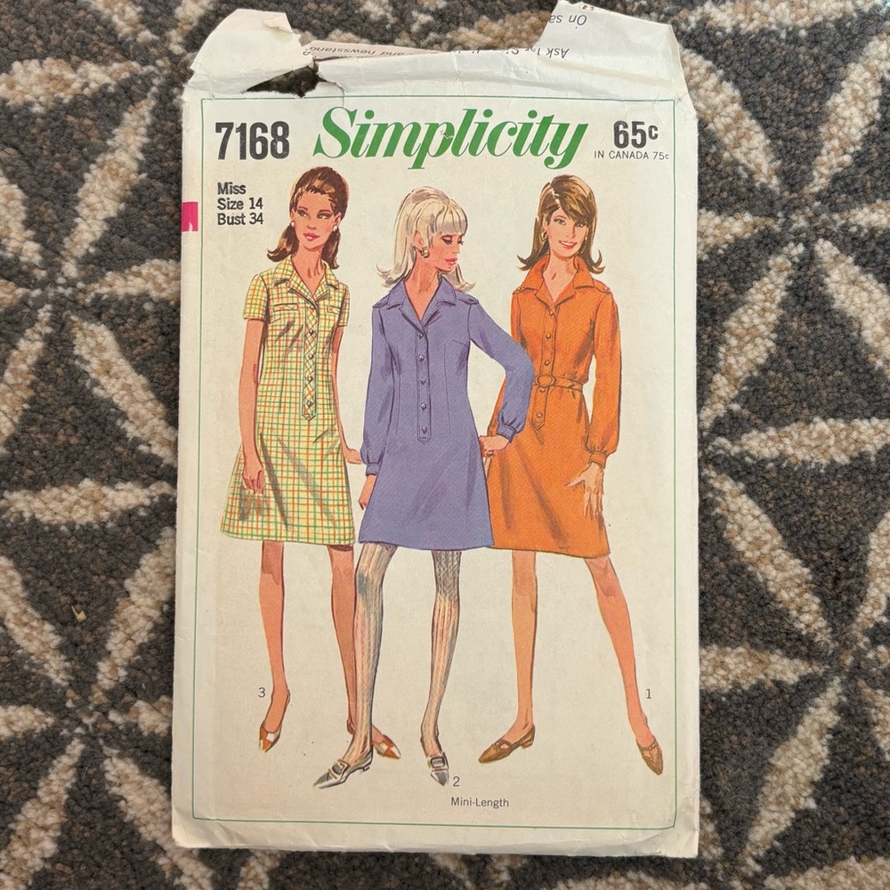 60's Simplicity Pattern 7168 - Misses Shirt Dress - Bust 34 - 60s Dress Pattern